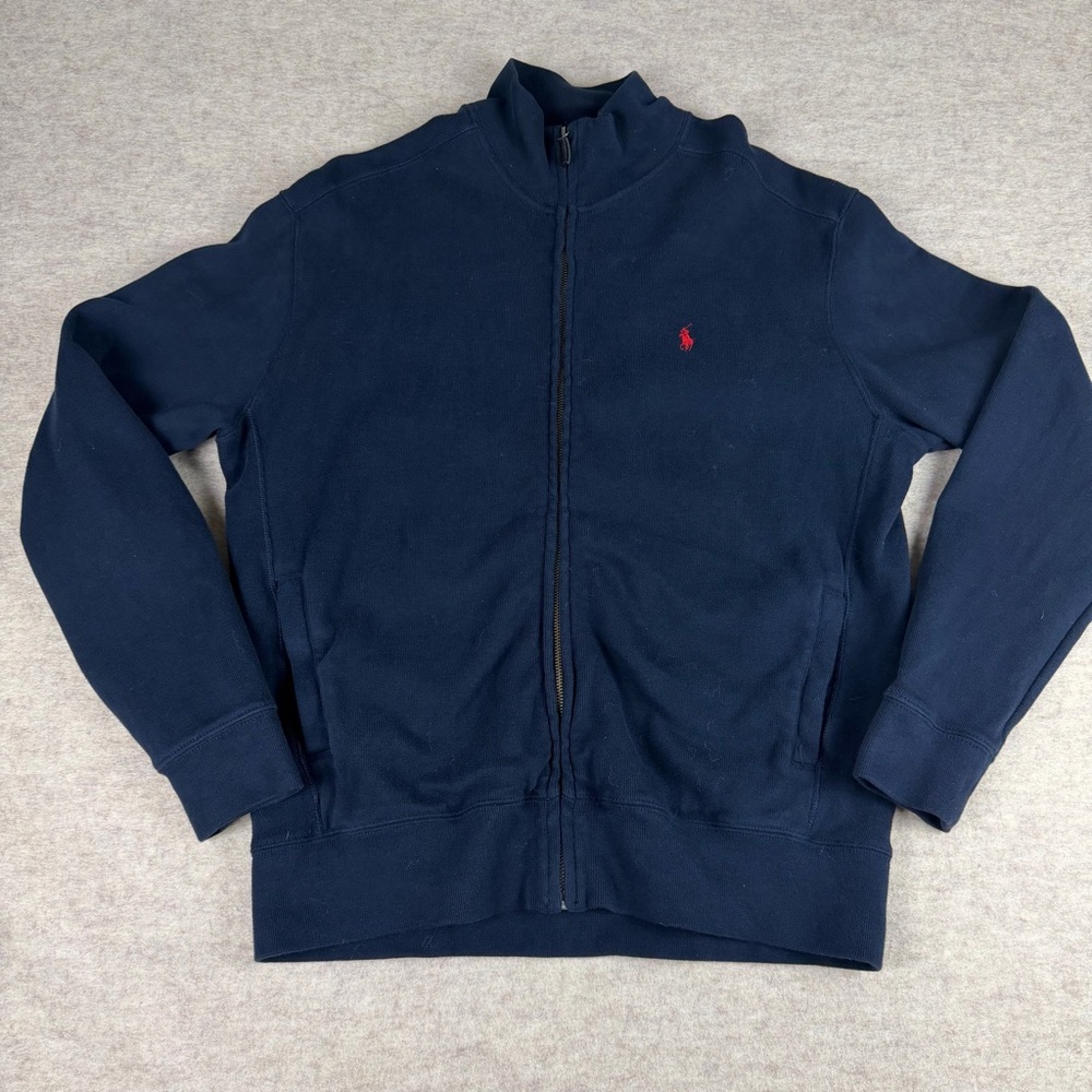 POLO Ralph Lauren Men's Navy Full-Zip Sweater Jacket with Red Logo - Size M
